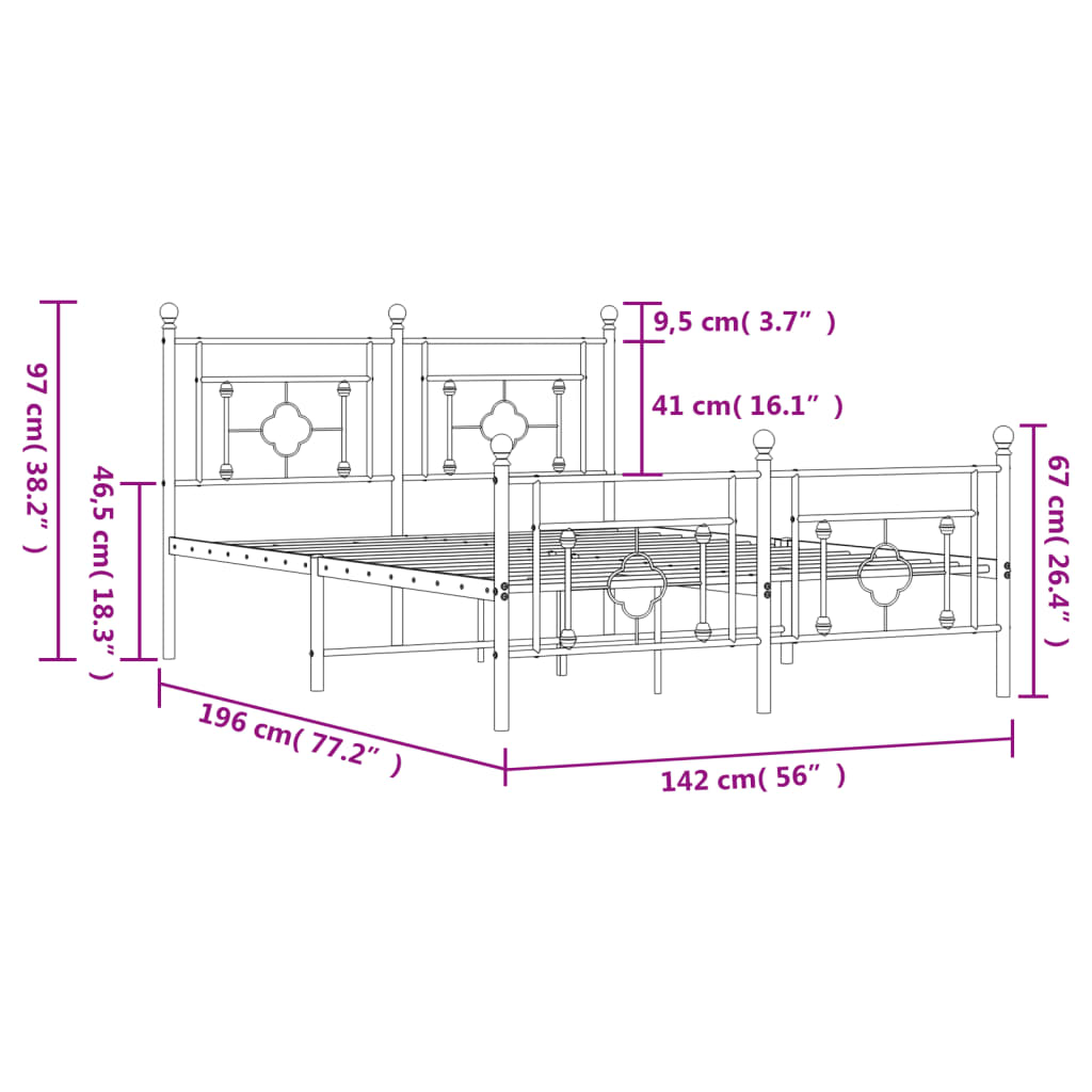 vidaXL Metalni okvir kreveta uzglavlje i podnožje crni 135x190 cm