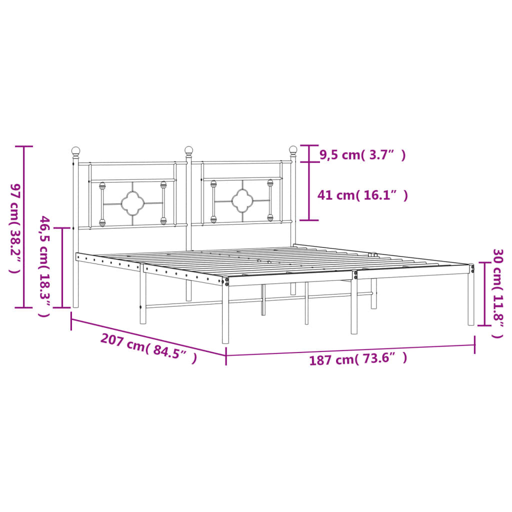 vidaXL Metalni okvir za krevet s uzglavljem crni 180x200 cm