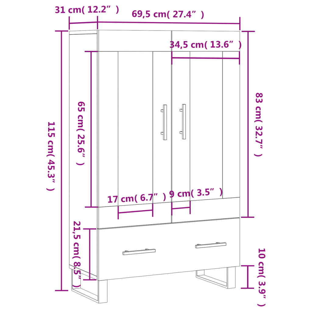 vidaXL Visoka komoda boja betona 69,5 x 31 x 115 cm konstruirano drvo