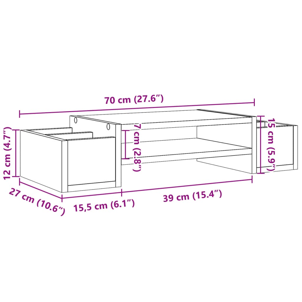 vidaXL Stalak za monitor s pohranom boja hrasta 70 x 27 x 15 cm drveni