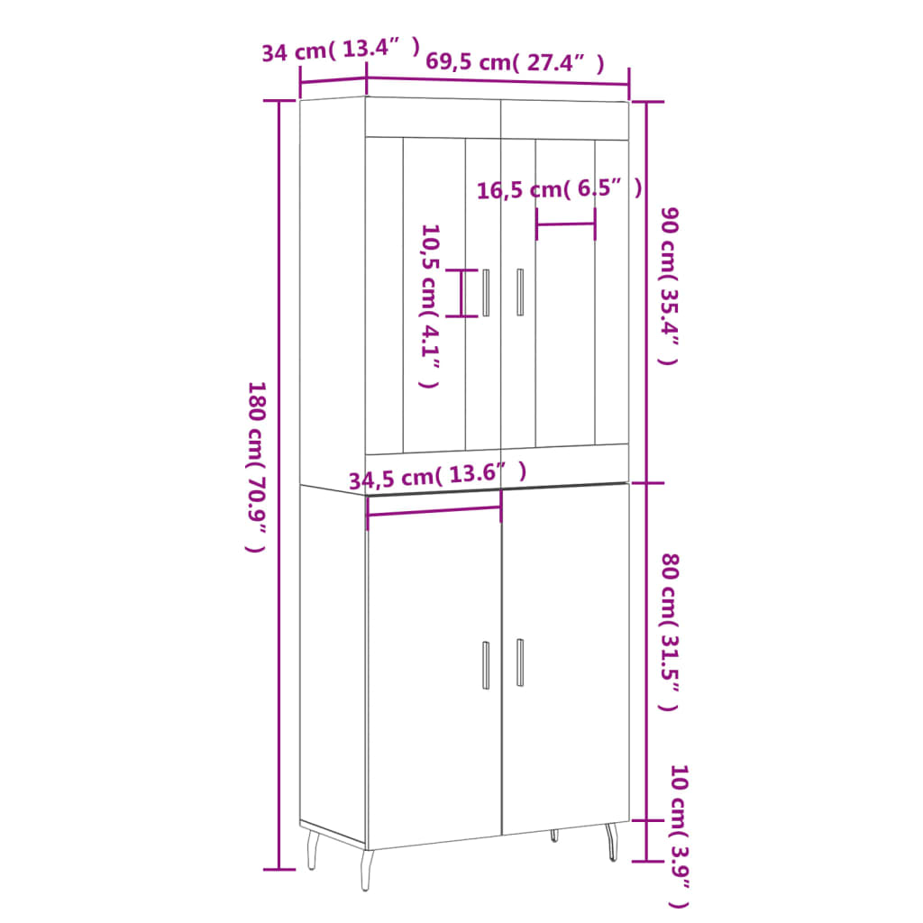 vidaXL Visoka komoda crni 69,5x34x180 cm konstruirano drvo