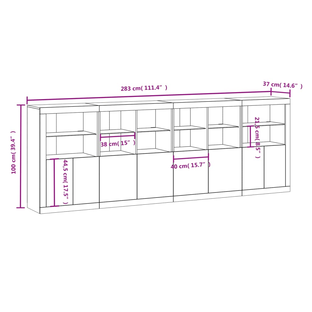 vidaXL Komoda s LED svjetlima siva boja betona 283x37x100 cm