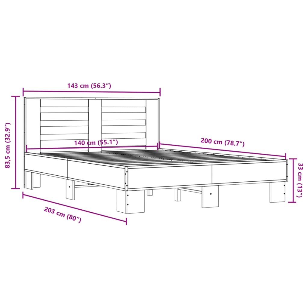 vidaXL Okvir kreveta smeđi hrast 140x200cm konstruirano drvo i metal