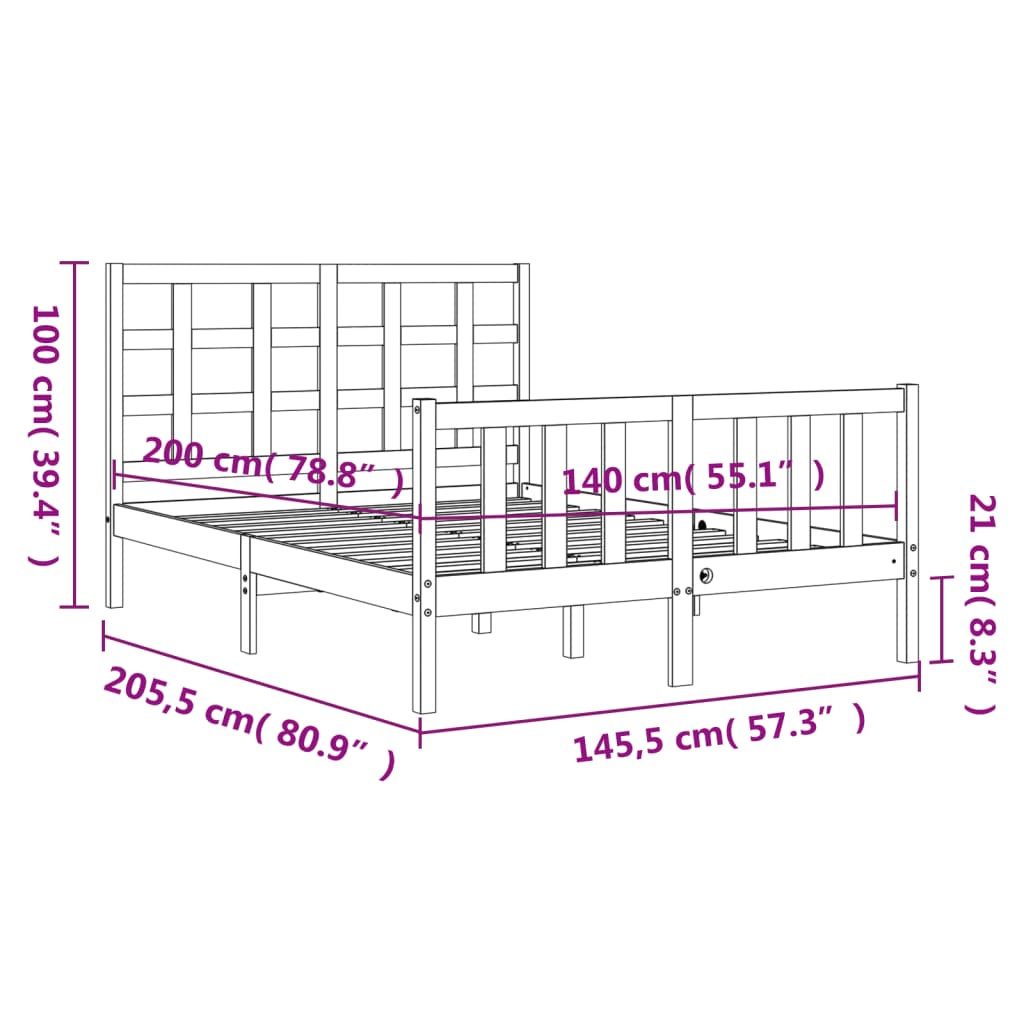 vidaXL Okvir za krevet s uzglavljem 140x200 cm od masivnog drva