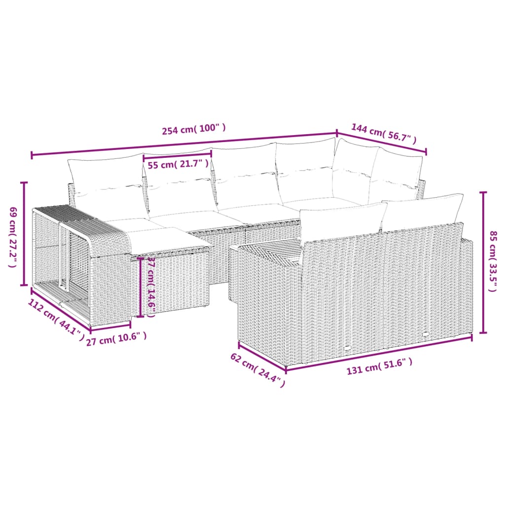 vidaXL 11-dijelni set vrtnih sofa od poliratana s jastucima sivi