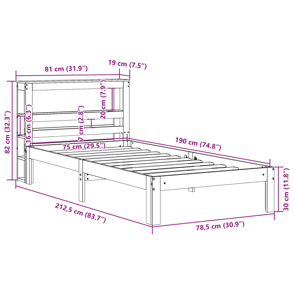 vidaXL Okvir kreveta s uzglavljem bijeli 75x190 cm od borovine