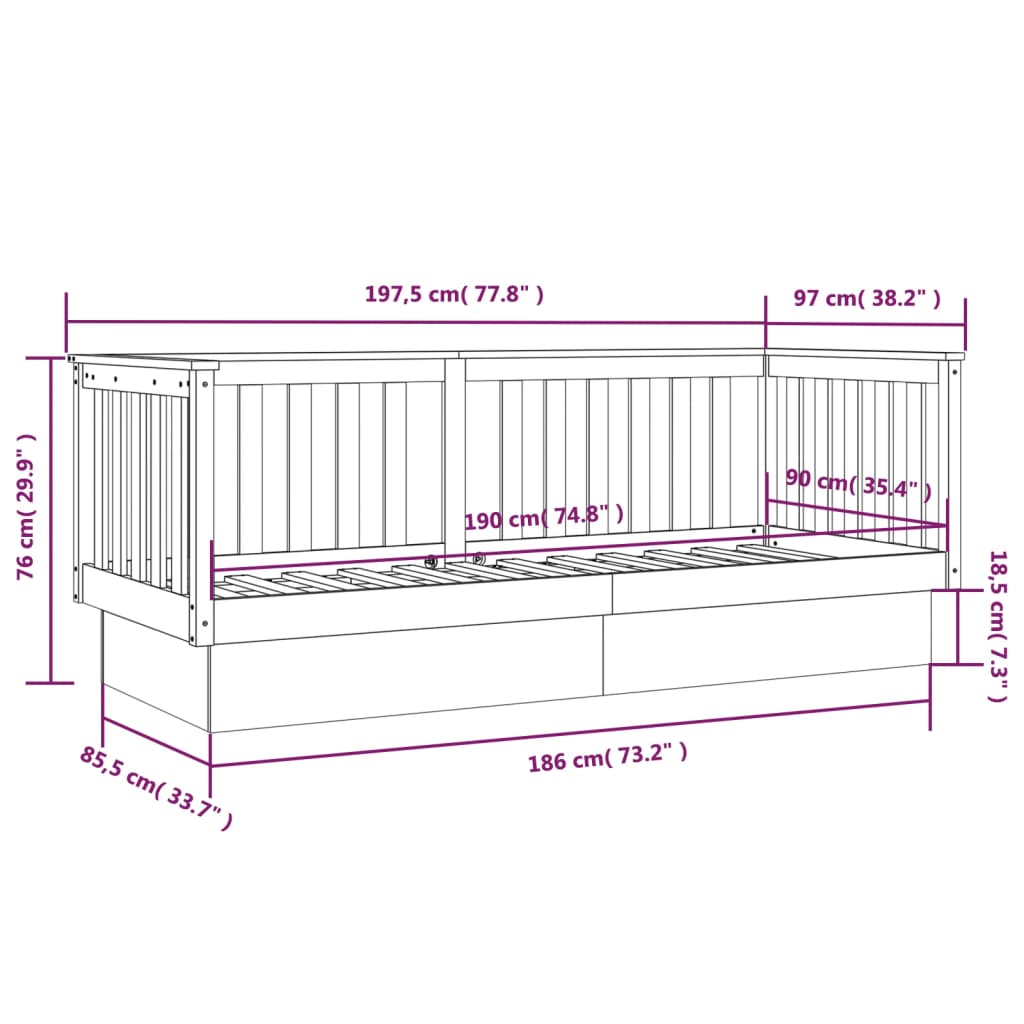 vidaXL Dnevni krevet bez madraca bijeli 90 x 190 cm masivna borovina