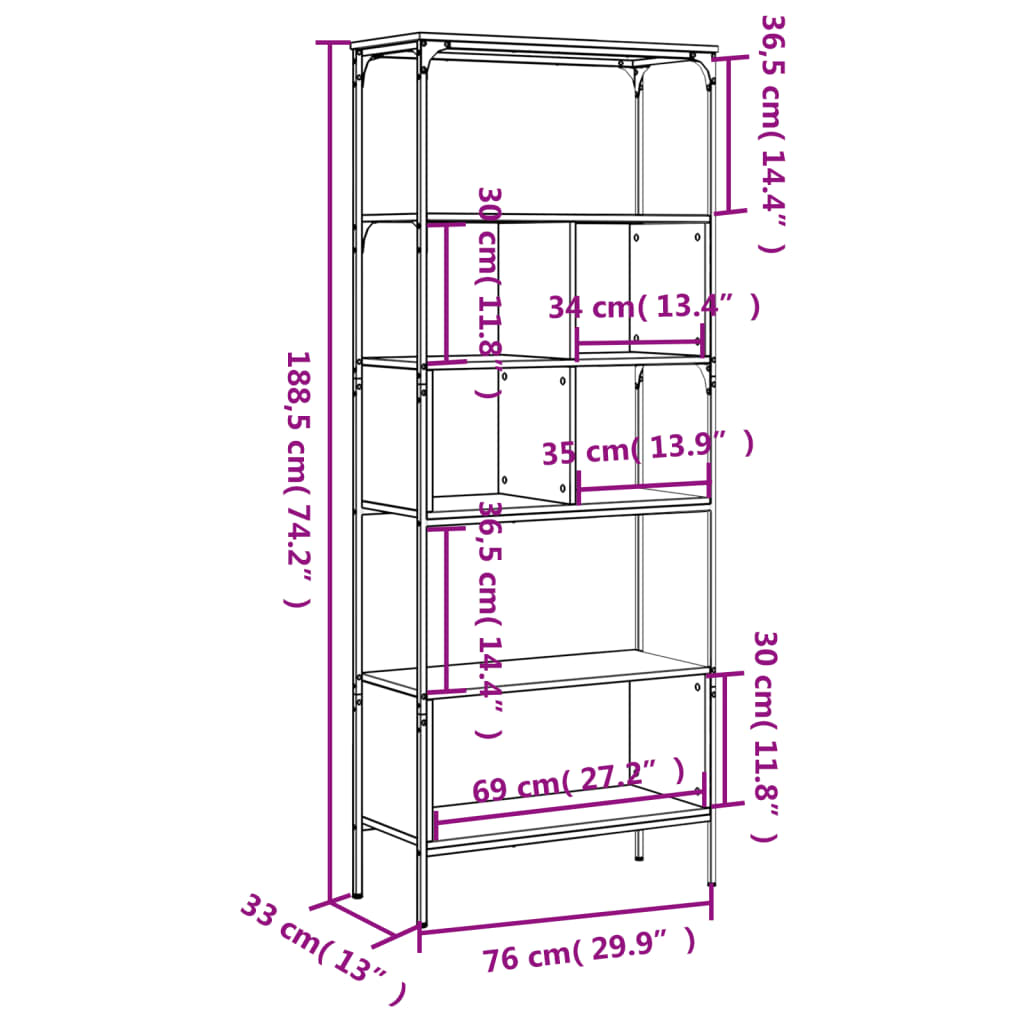 vidaXL Regal za knjige 5 razina smeđa boja hrasta 76x33x188,5cm drveni