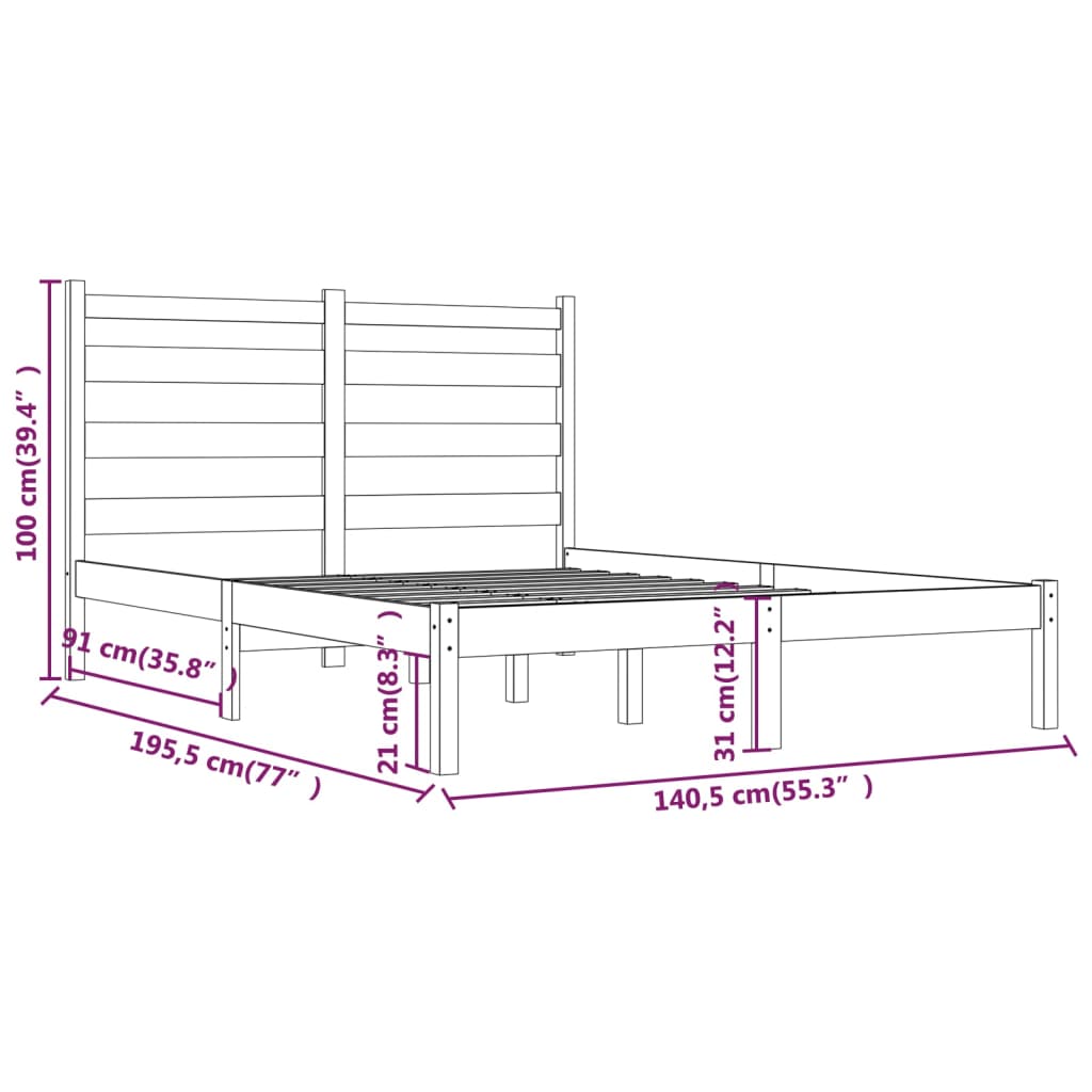 vidaXL Okvir za krevet od masivne borovine crni 135x190 cm 4FT6 bračni