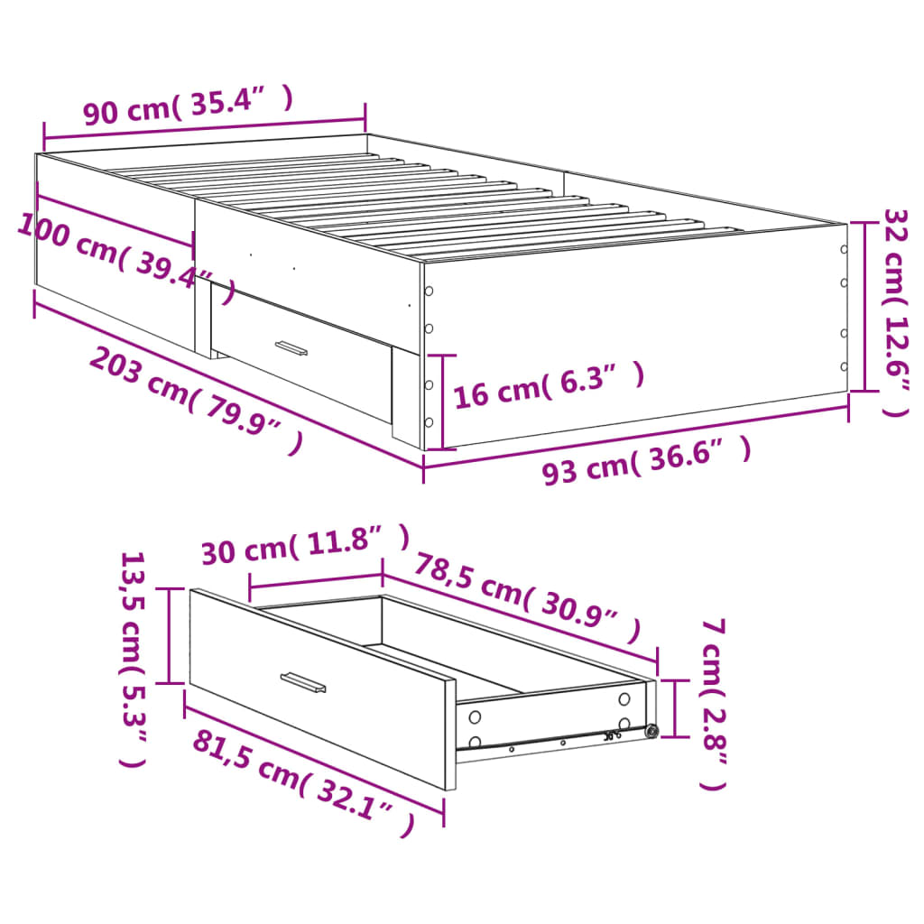 vidaXL Okvir za krevet s ladicama boja hrasta 90x200 cm