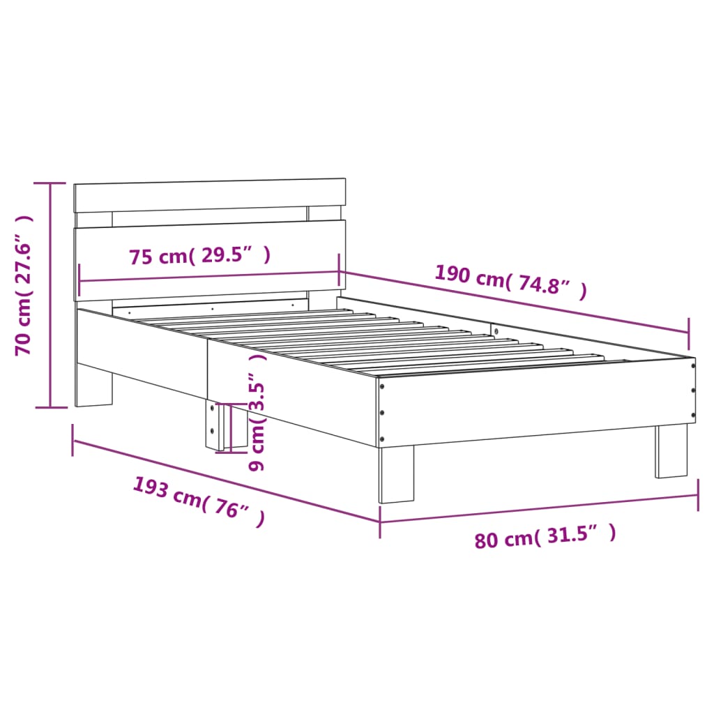 vidaXL Okvir za krevet s uzglavljem i LED svjetlima boja hrasta sonome