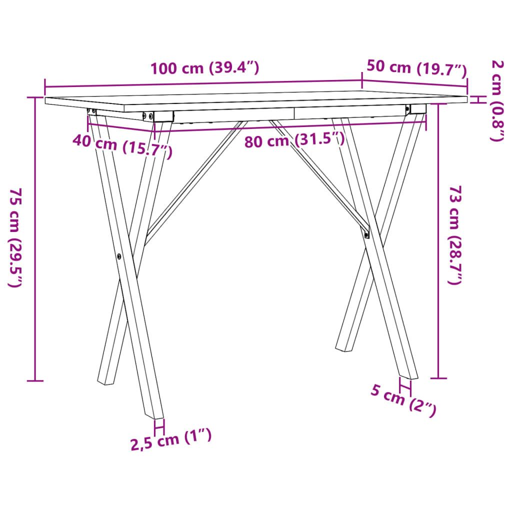 vidaXL Blagovaonski stol X-oblika 100x50x75 cm od borovine i željeza