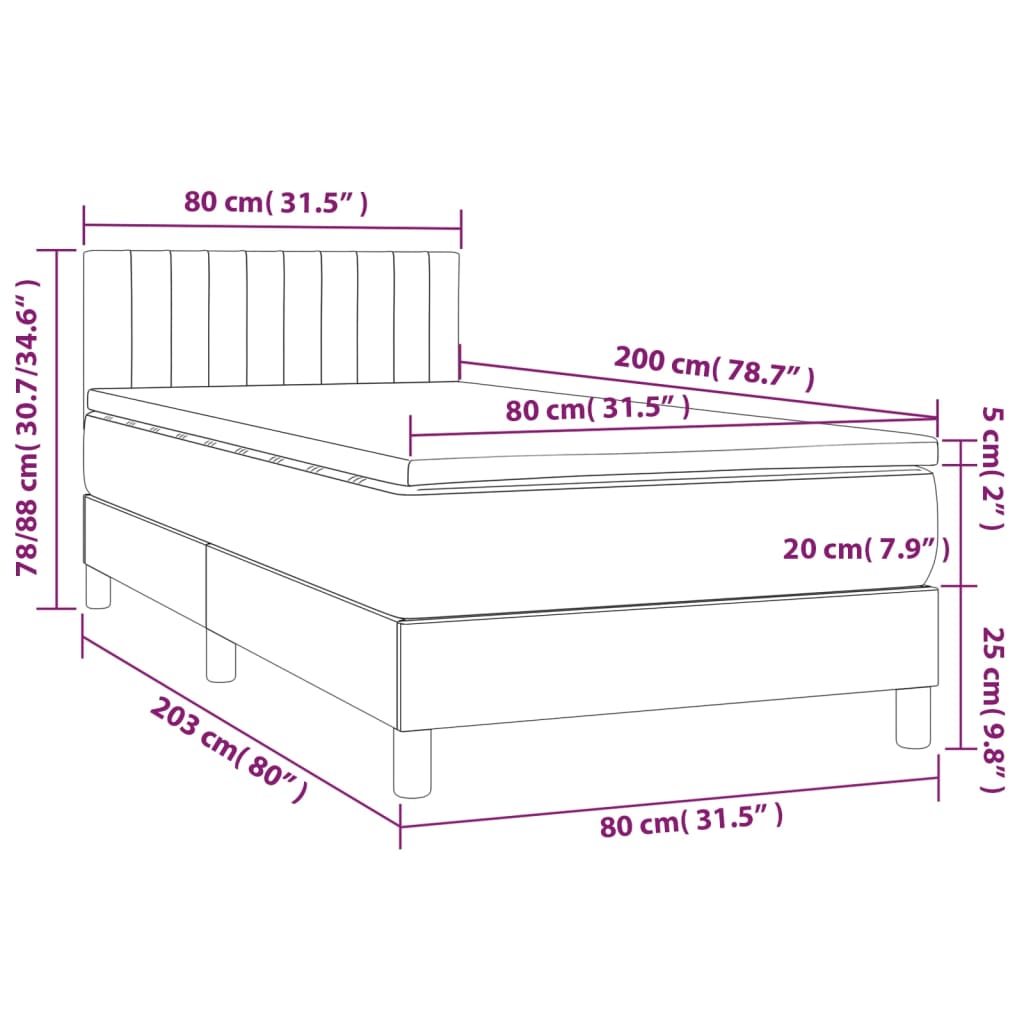 vidaXL Krevet box spring s madracem LED svjetlosivi 80x200 cm baršun