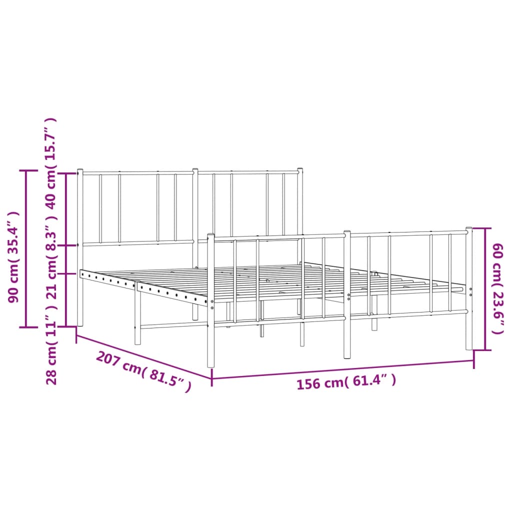 vidaXL Metalni okvir kreveta uzglavlje i podnožje crni 150x200 cm