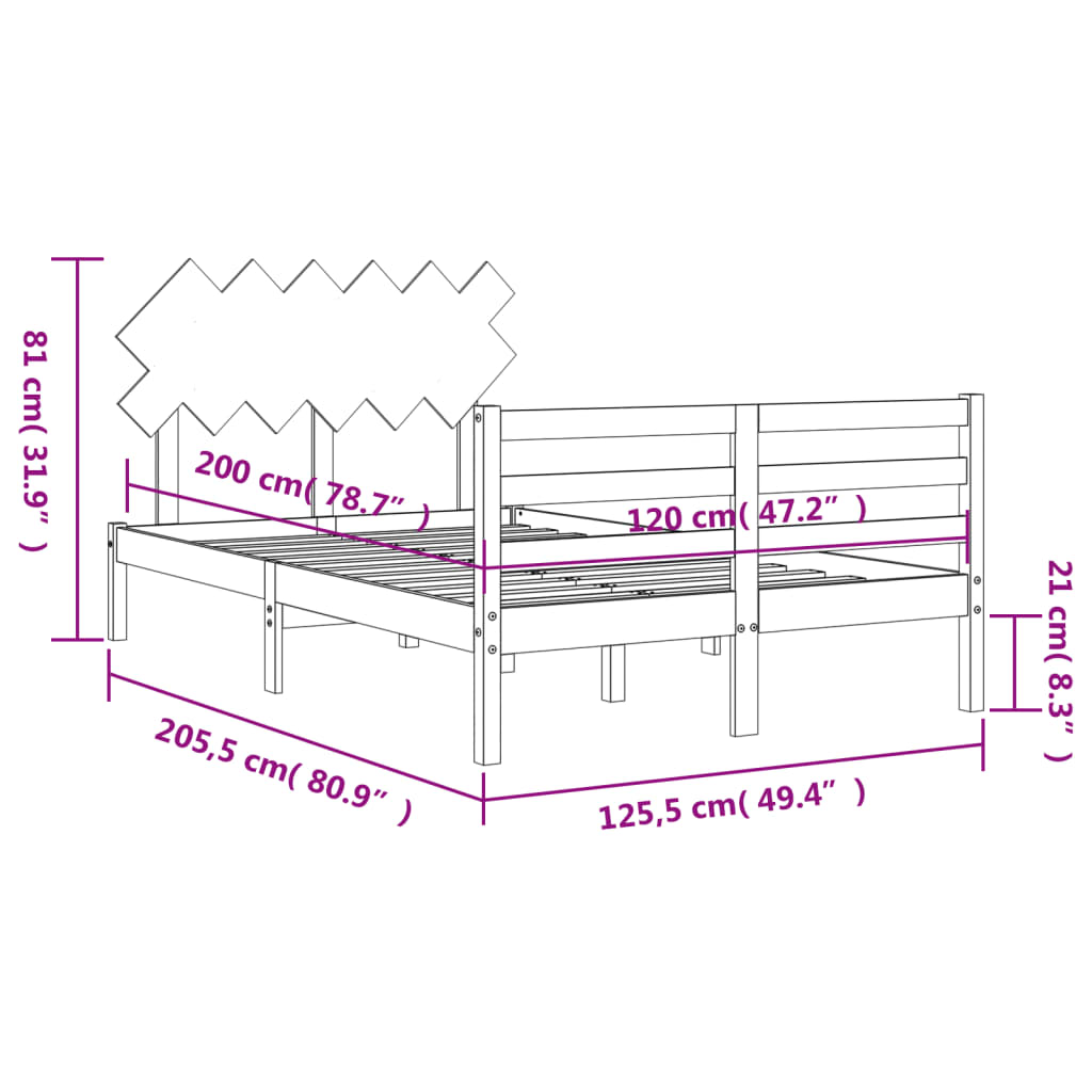 vidaXL Okvir za krevet s uzglavljem crna 120x200cm od masivnog drva