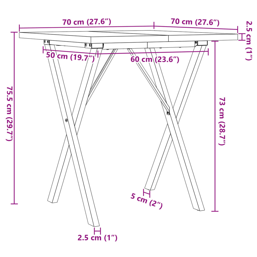 vidaXL Blagovaonski stol X-oblika 70x70x75,5 cm od borovine i željeza