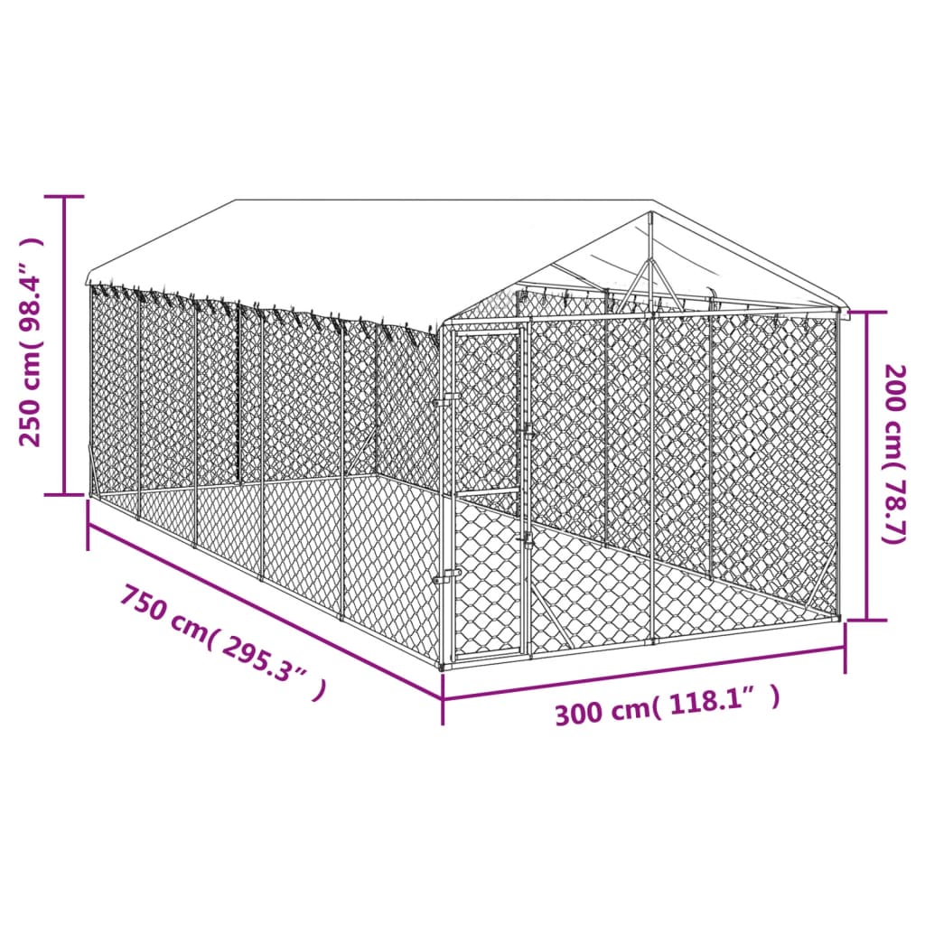 vidaXL Vanjski kavez za pse s krovom srebrni 3 x 7,5 x 2,5 m čelični