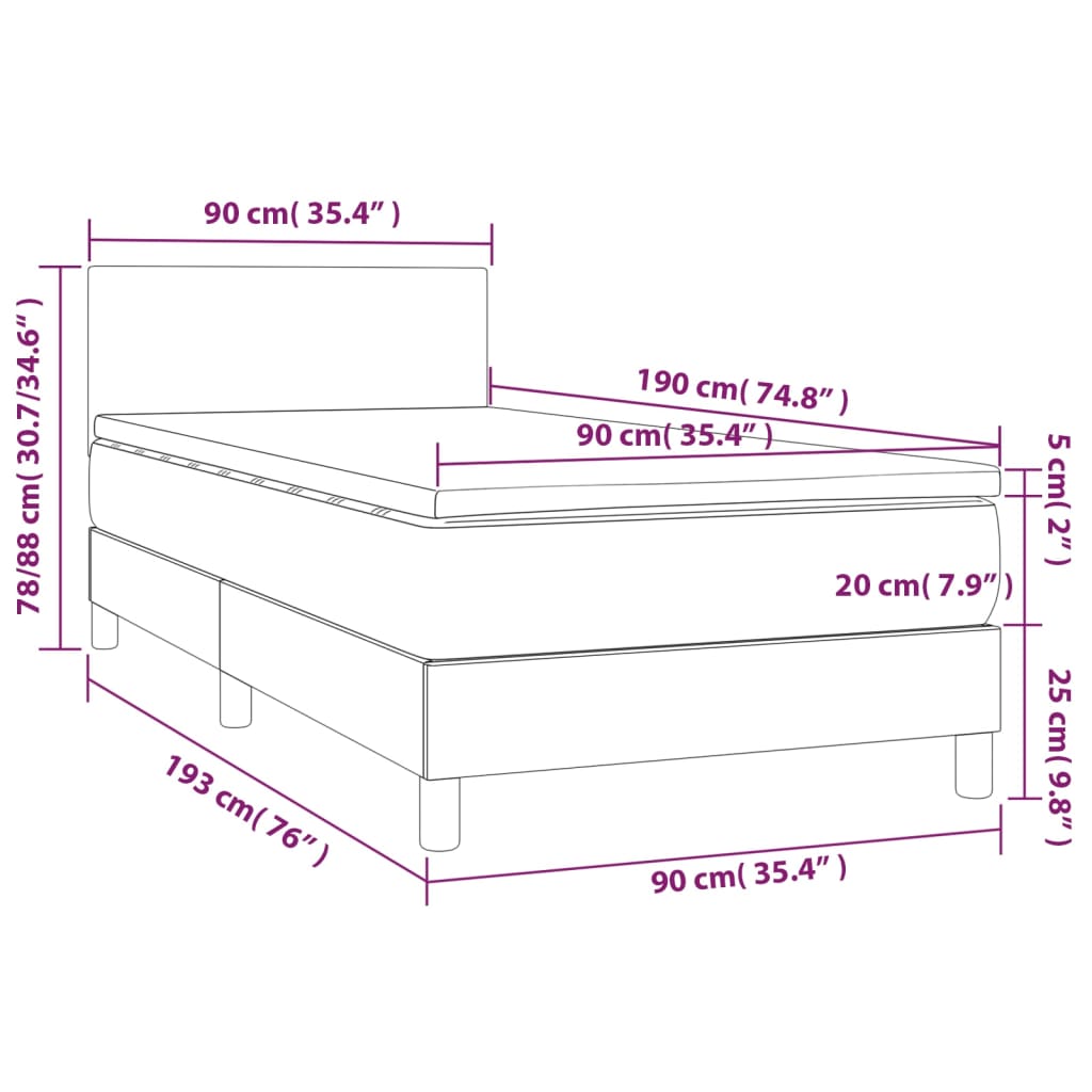 vidaXL Krevet box spring s madracem LED sivi 90x190 cm od umjetne kože