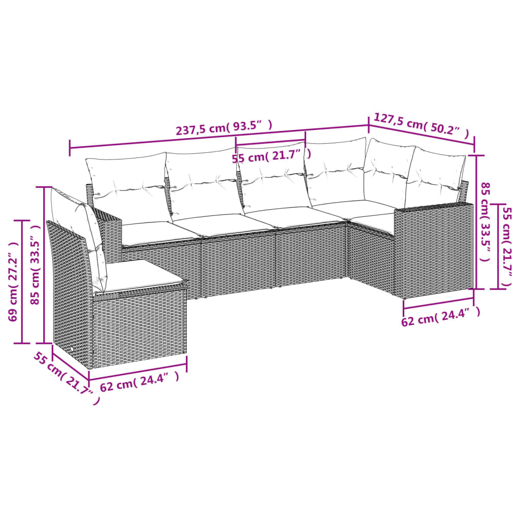 vidaXL 6-dijelni set vrtnih sofa s jastucima crni od poliratana