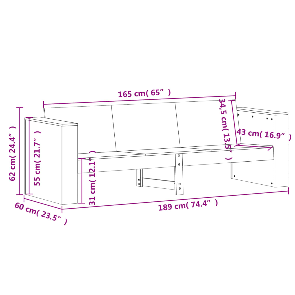 vidaXL Vrtni trosjed bijeli 189 x 60 x 62 cm od masivne borovine