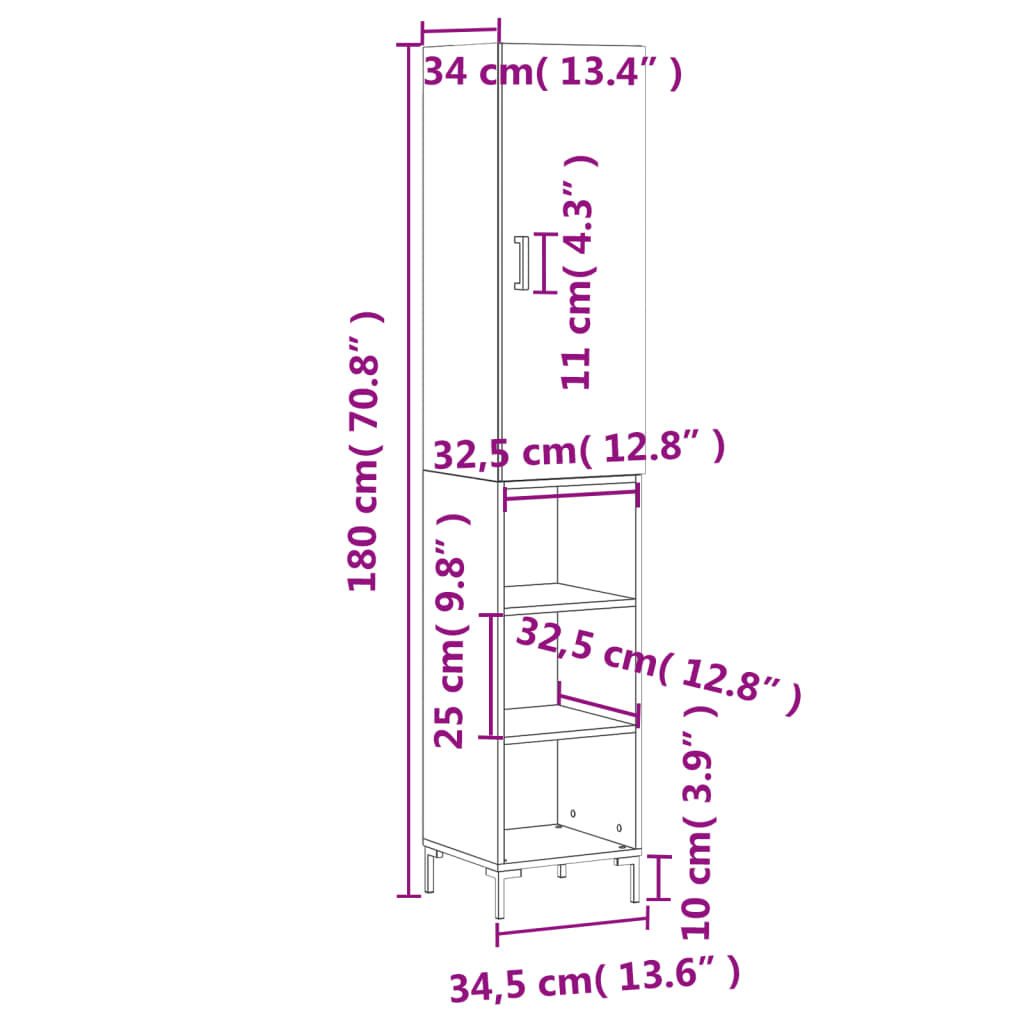 vidaXL Visoka komoda siva sonome 34,5x34x180 cm od konstruiranog drva