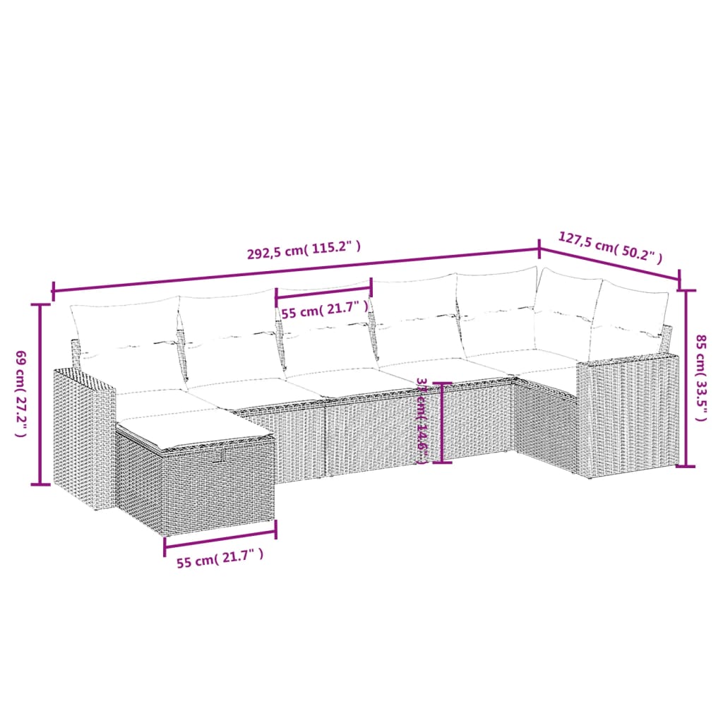 vidaXL 7-dijelni set vrtnih sofa od poliratana s jastucima crni