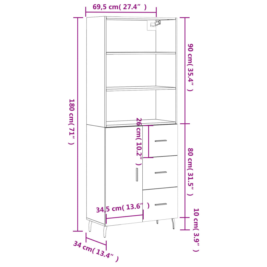 vidaXL Visoka komoda dimljeni hrast 69,5x34x180 cm konstruiranog drva