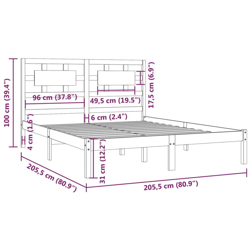 vidaXL Okvir za krevet od masivne borovine crni 200 x 200 cm