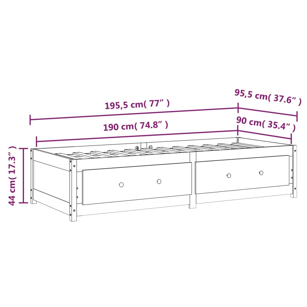 vidaXL Dnevni krevet sivi 90 x 190 cm 3FT mali od masivne borovine