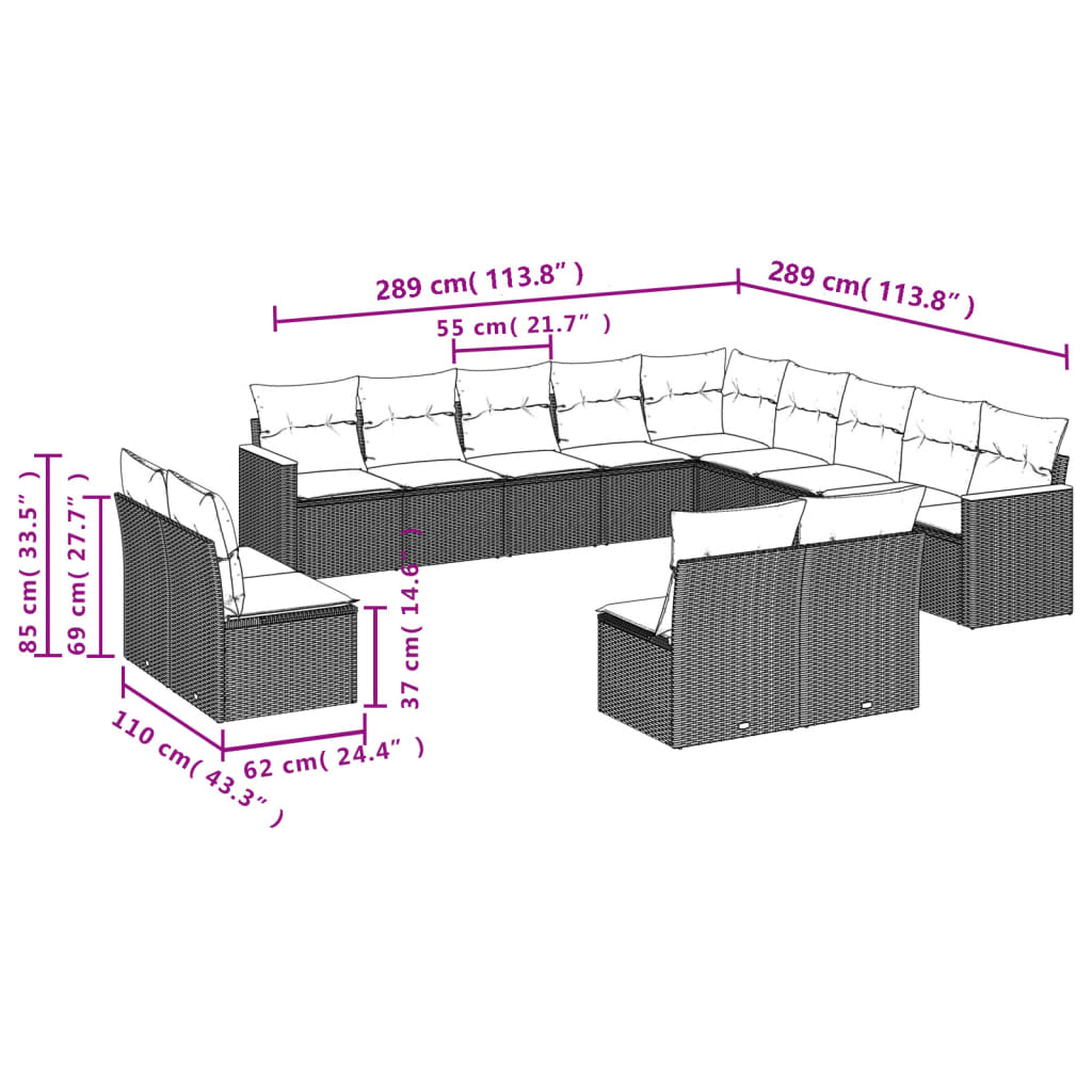 vidaXL 13-dijelni set vrtnih sofa s jastucima poliratan crni