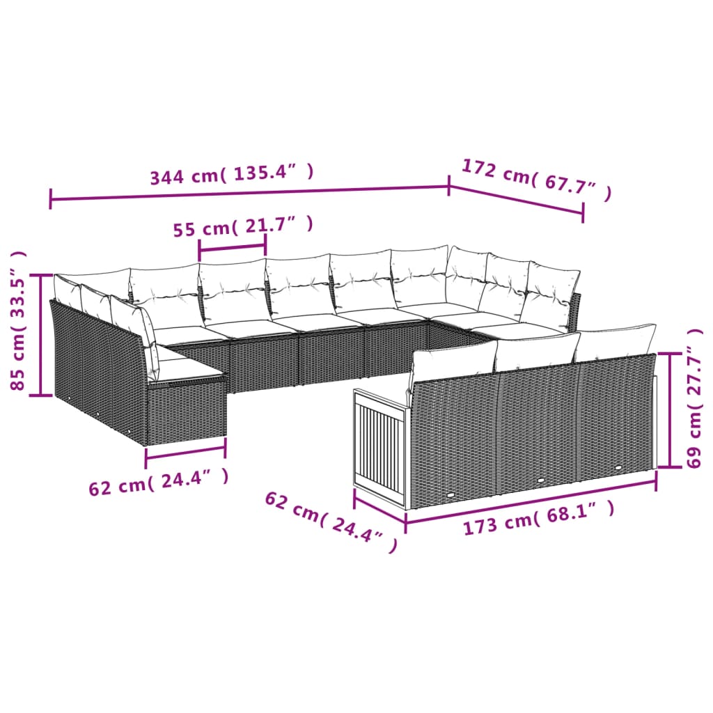 vidaXL 13-dijelni set vrtnih sofa od poliratana s jastucima sivi