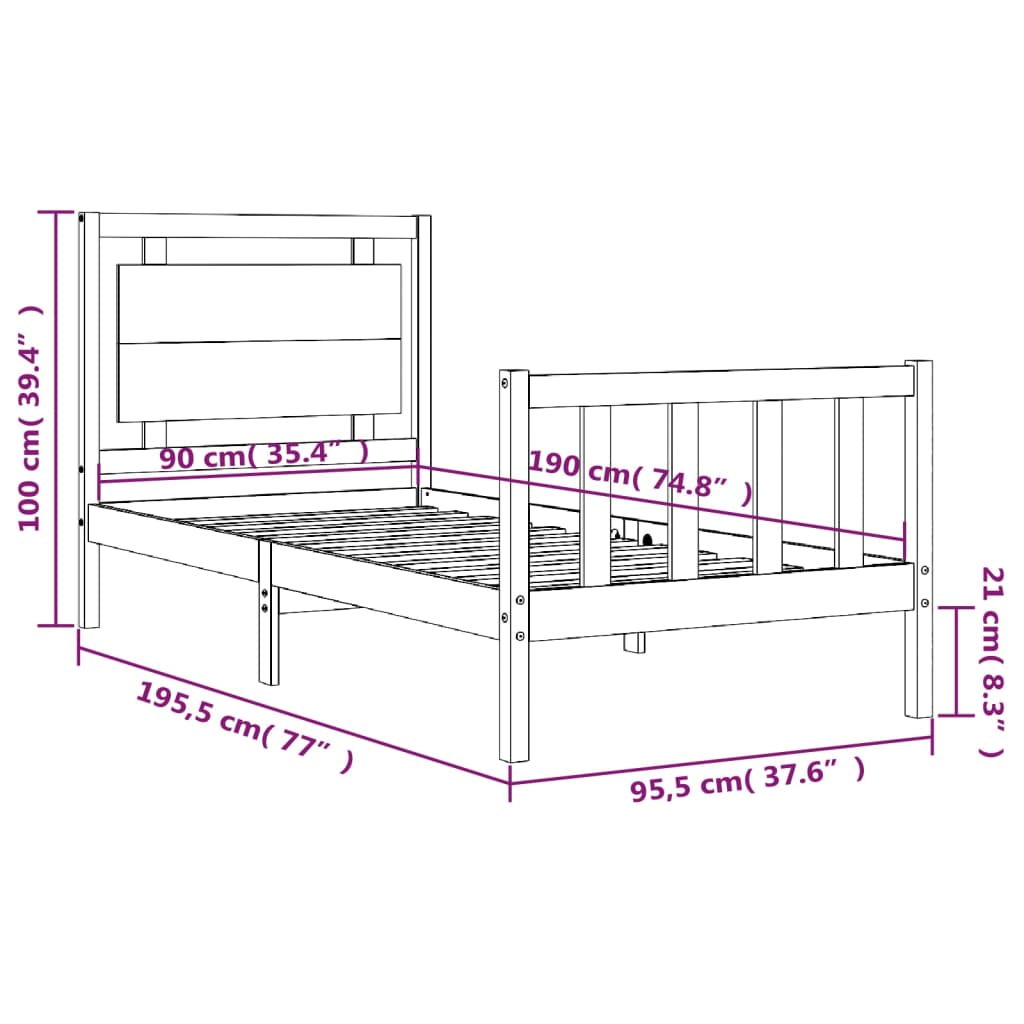 vidaXL Okvir kreveta s uzglavljem crni 90 x 190 cm od masivnog drva