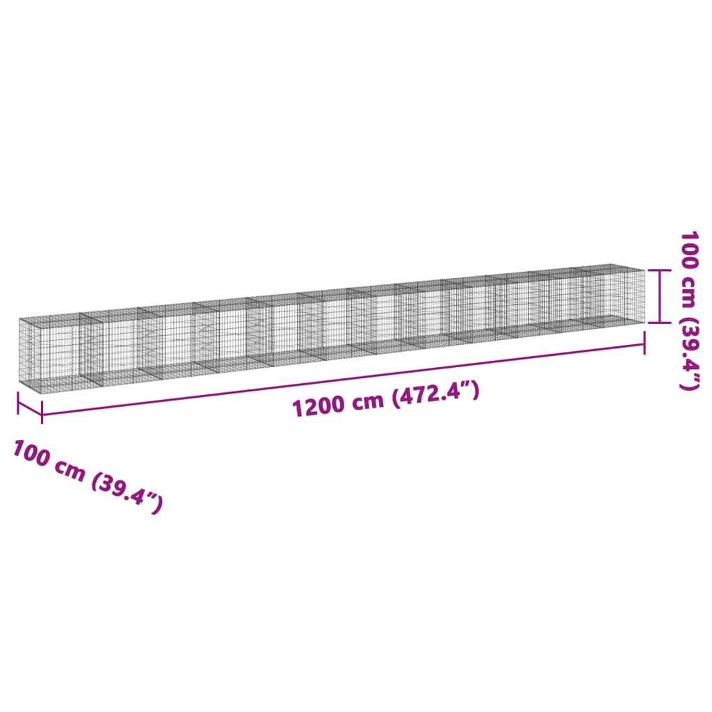 vidaXL Gabionska košara s poklopcem 1200x100x100 cm pocinčano željezo