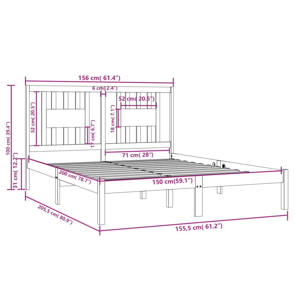 vidaXL Okvir za krevet od masivnog drva 150 x 200 cm 5FT veliki bračni