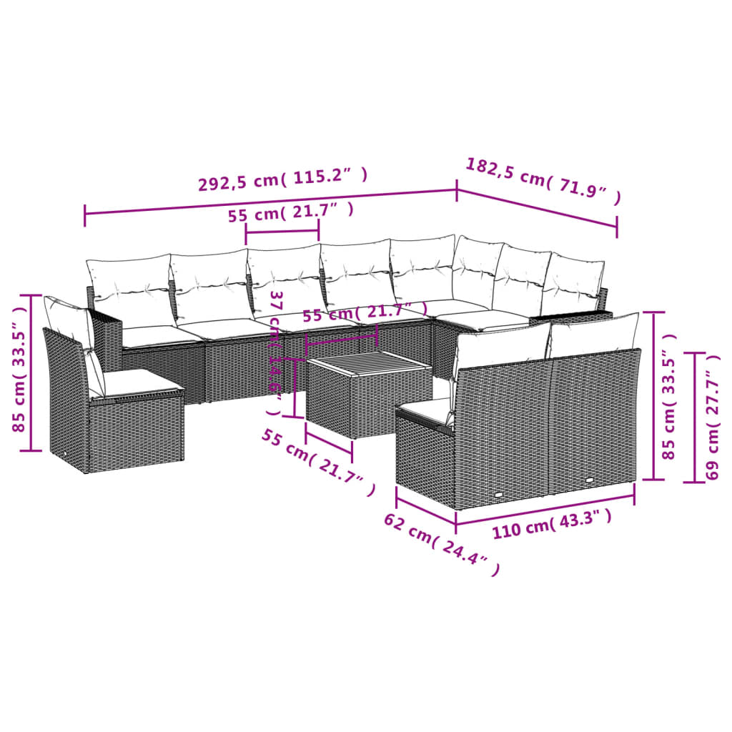 vidaXL 11-dijelni set vrtnih sofa od poliratana s jastucima sivi