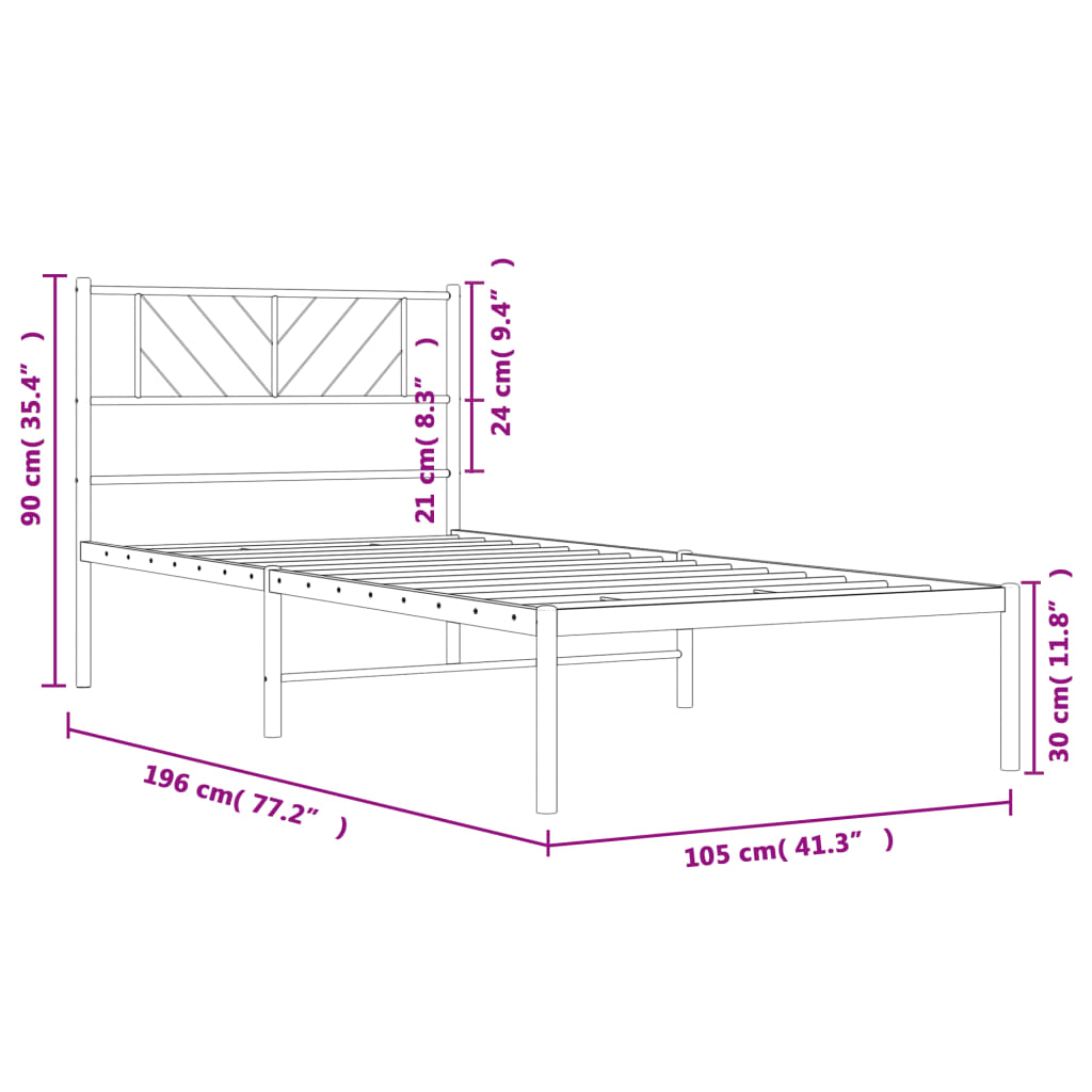 vidaXL Metalni okvir za krevet s uzglavljem bijeli 100x190 cm