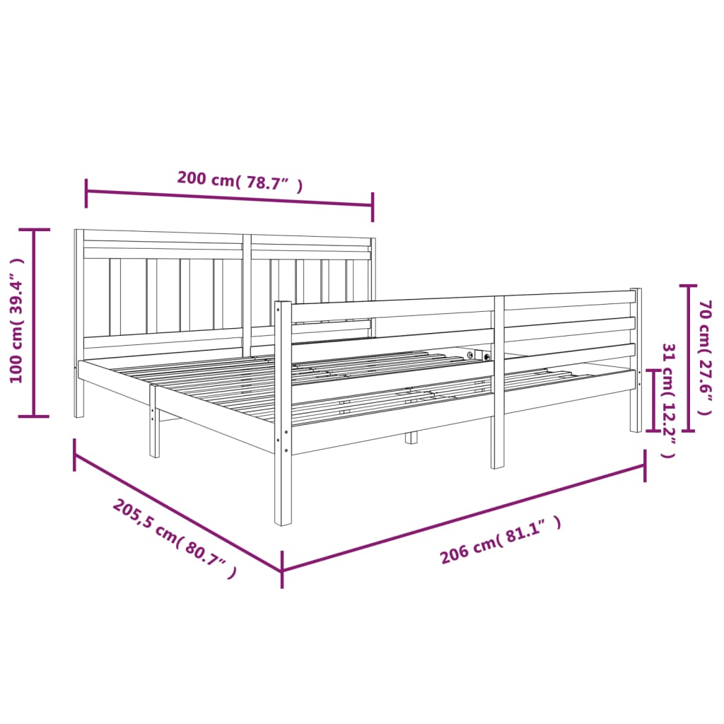 vidaXL Okvir za krevet od masivnog drva crni 200 x 200 cm