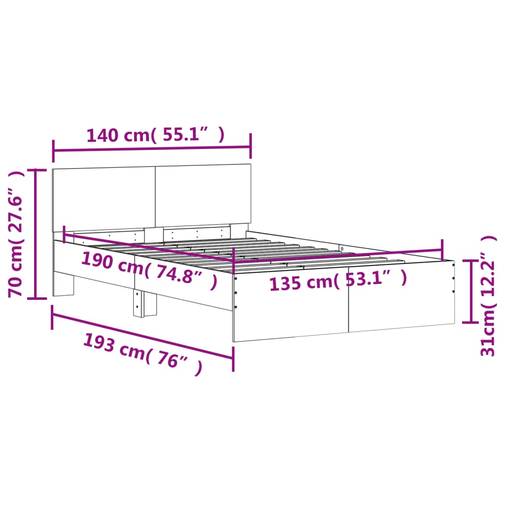 vidaXL Okvir za krevet s uzglavljem bijeli 135x190 cm