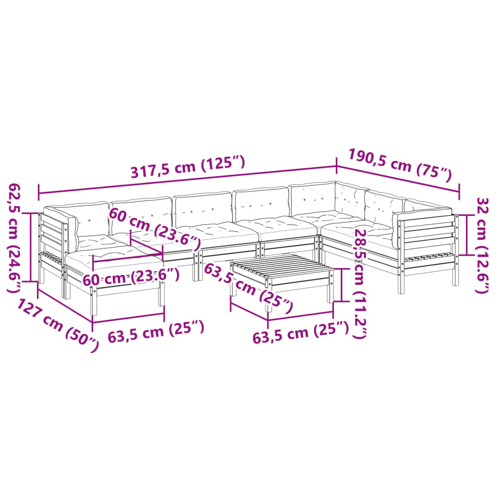 vidaXL 9-dijelni set vrtnih sofa s jastucima voštano smeđi od borovine