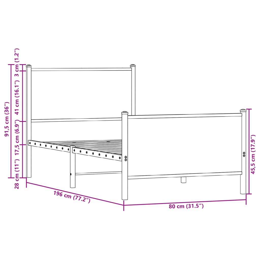 vidaXL Metalni okvir kreveta bez madraca boja hrasta 75x190 cm