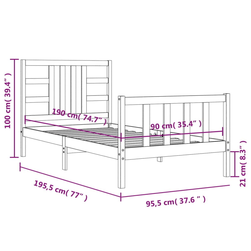 vidaXL Okvir kreveta s uzglavljem bijeli 90 x 190 cm od masivnog drva