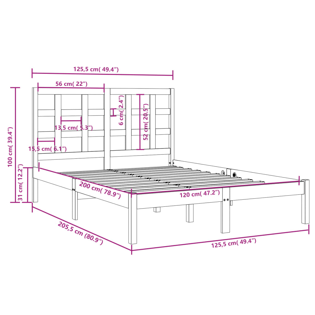 vidaXL Okvir za krevet od masivnog drva 120 x 200 cm