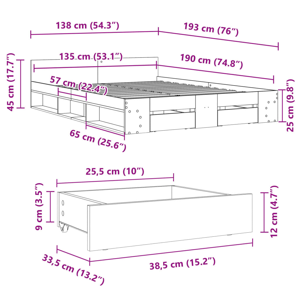 vidaXL Okvir za krevet s ladicama boja hrasta 135x190 cm drveni