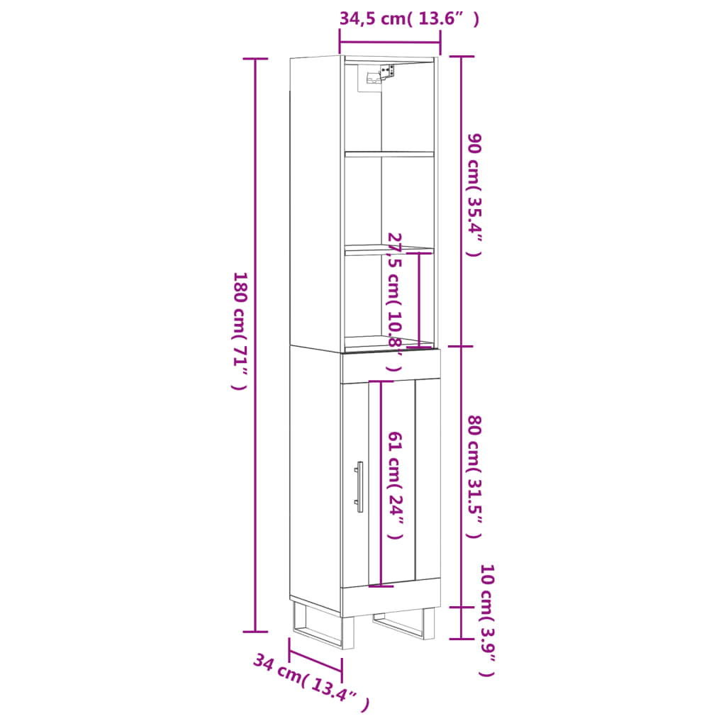 vidaXL Visoka komoda siva betona 34,5x34x180 cm od konstruiranog drva