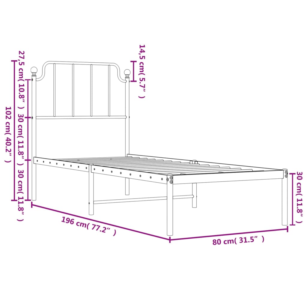 vidaXL Metalni okvir krevet bez madraca s uzglavljem bijeli 75x190 cm