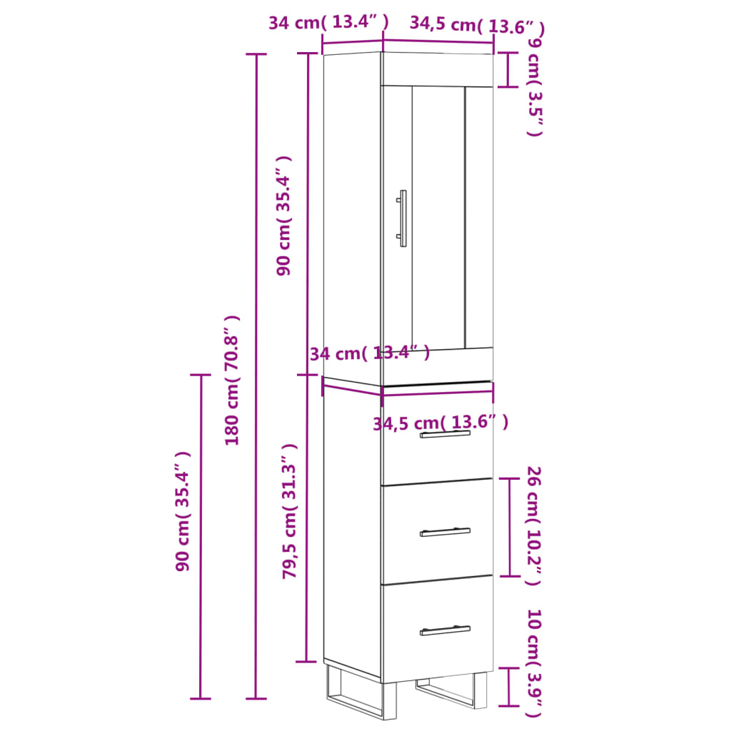 vidaXL Visoka komoda siva sonome 34,5x34x180 cm od konstruiranog drva