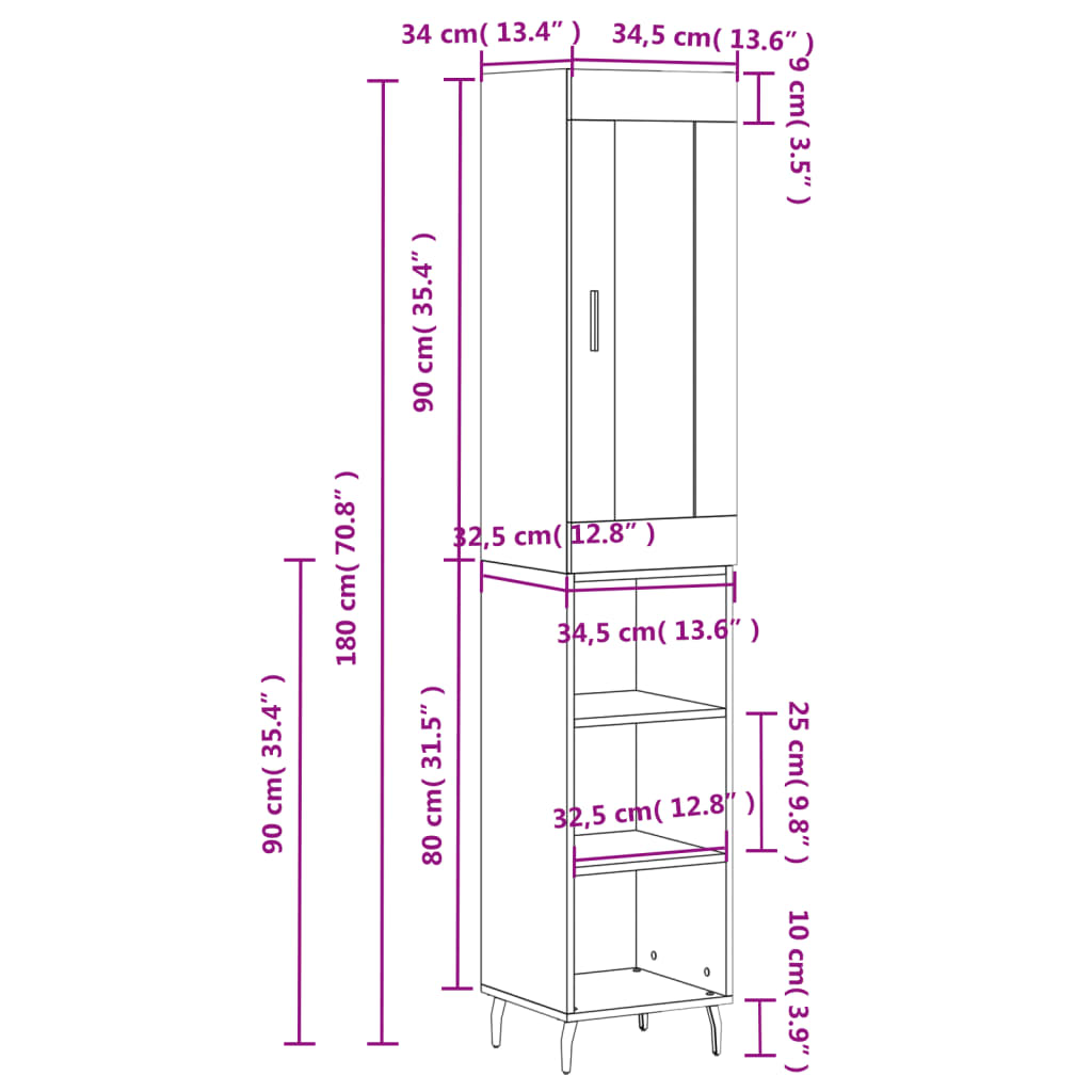 vidaXL Visoka komoda siva betona 34,5x34x180 cm od konstruiranog drva