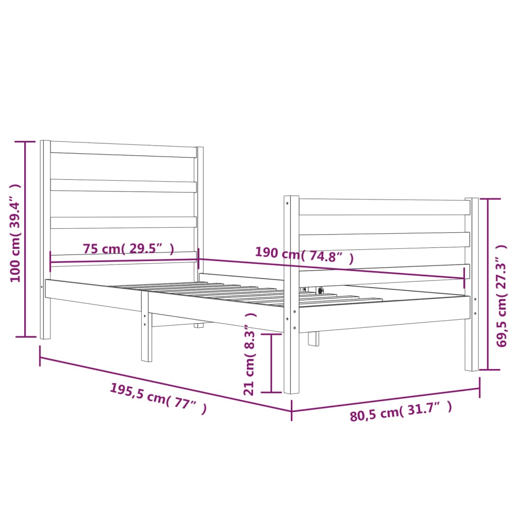 vidaXL Okvir za krevet od borovine crni 75 x 190 cm jednokrevetni