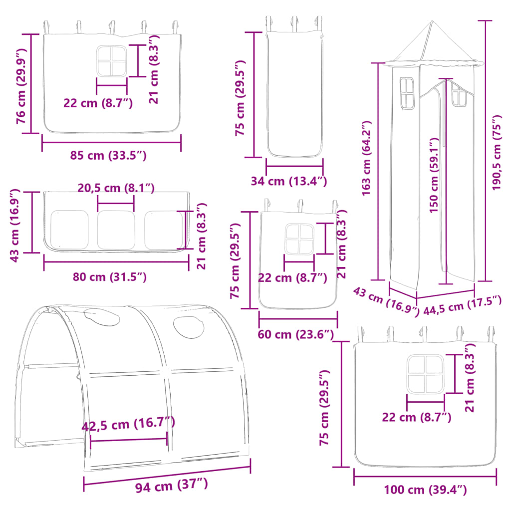 vidaXL Krevet na kat s toboganom i zavjesama bijelo-crni 80 x 200 cm