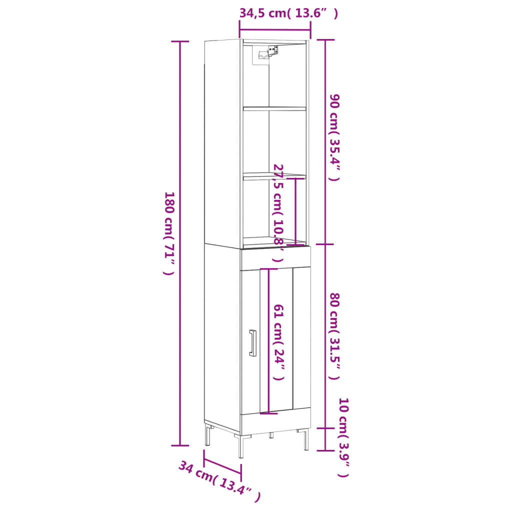 vidaXL Visoka komoda siva sonome 34,5x34x180 cm od konstruiranog drva